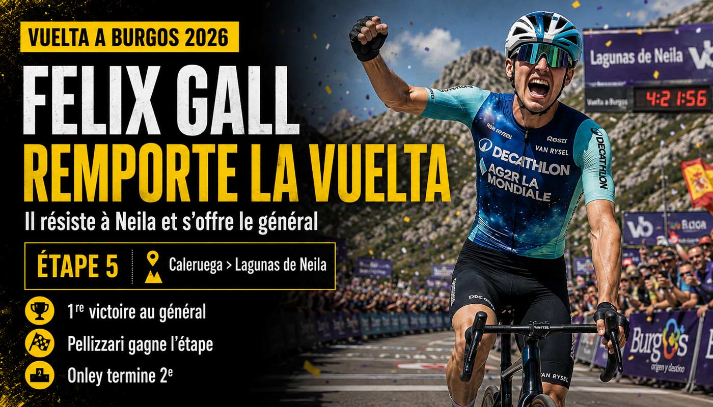 Felix Gall célèbre sa victoire finale à la Vuelta a Burgos 2026 après l’étape des Lagunas de Neila.