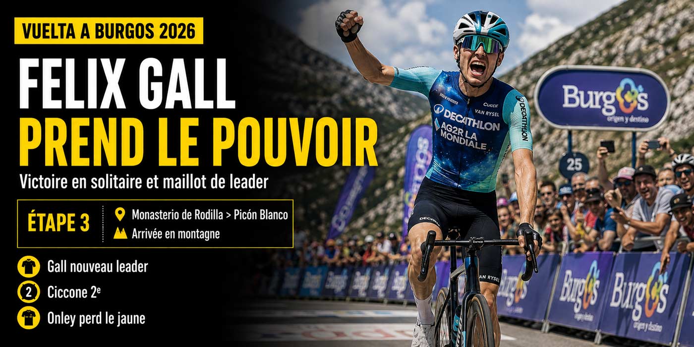 Felix Gall célèbre sa victoire lors de la Vuelta a Burgos 2026 et prend la tête du classement général.