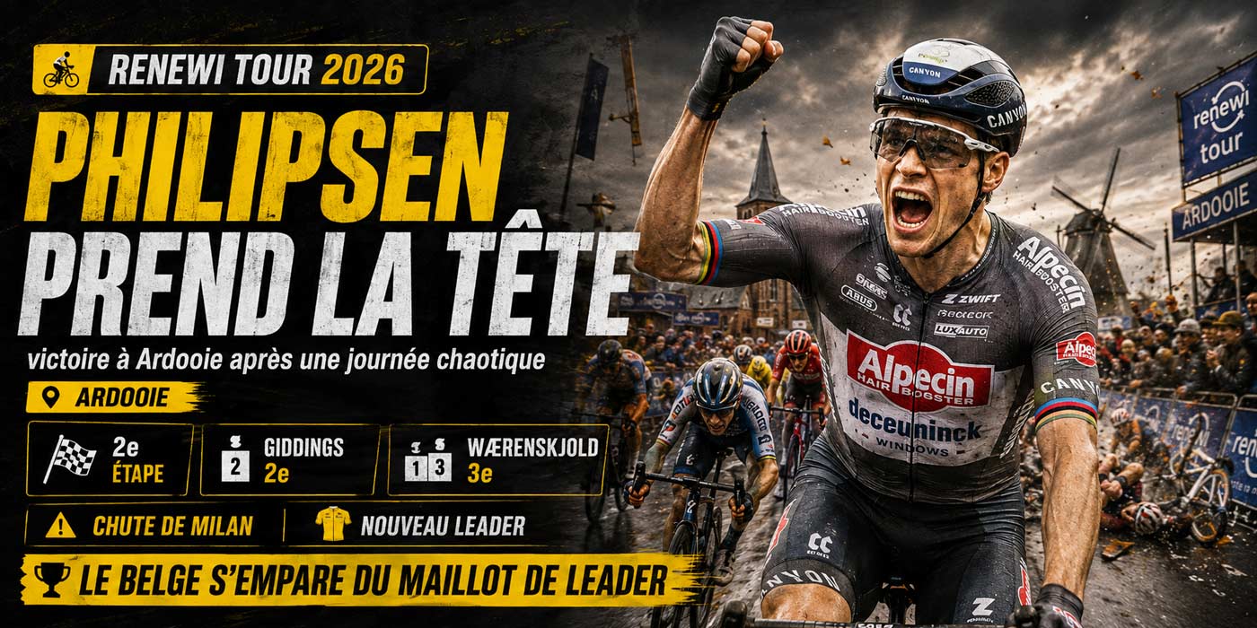 Jasper Philipsen célèbre sa victoire à Ardooie et sa prise de pouvoir au Renewi Tour 2026