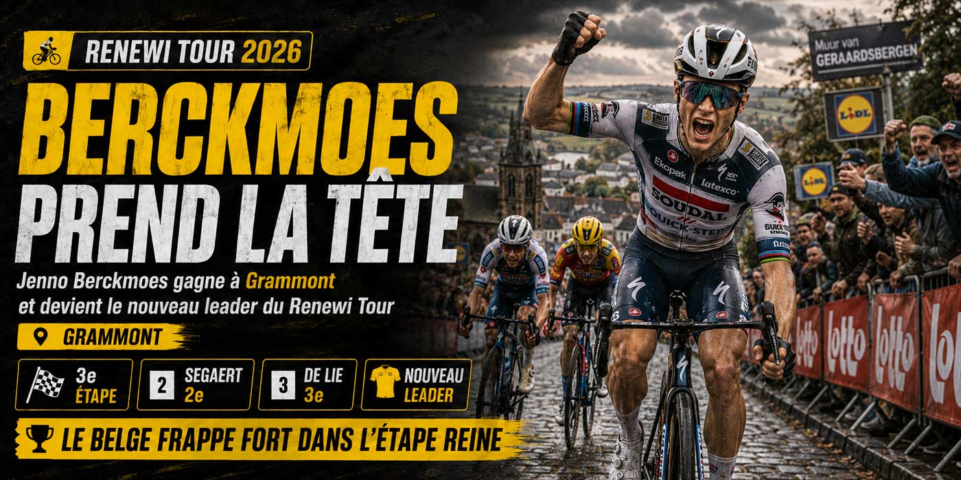 Jenno Berckmoes célèbre sa victoire à Grammont et prend la tête du Renewi Tour 2026