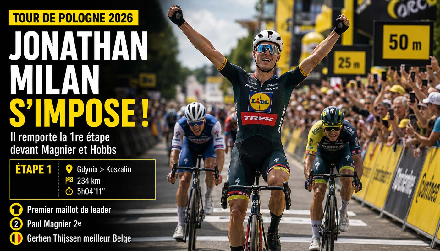 Jonathan Milan célèbre sa victoire lors de la première étape du Tour de Pologne 2026.