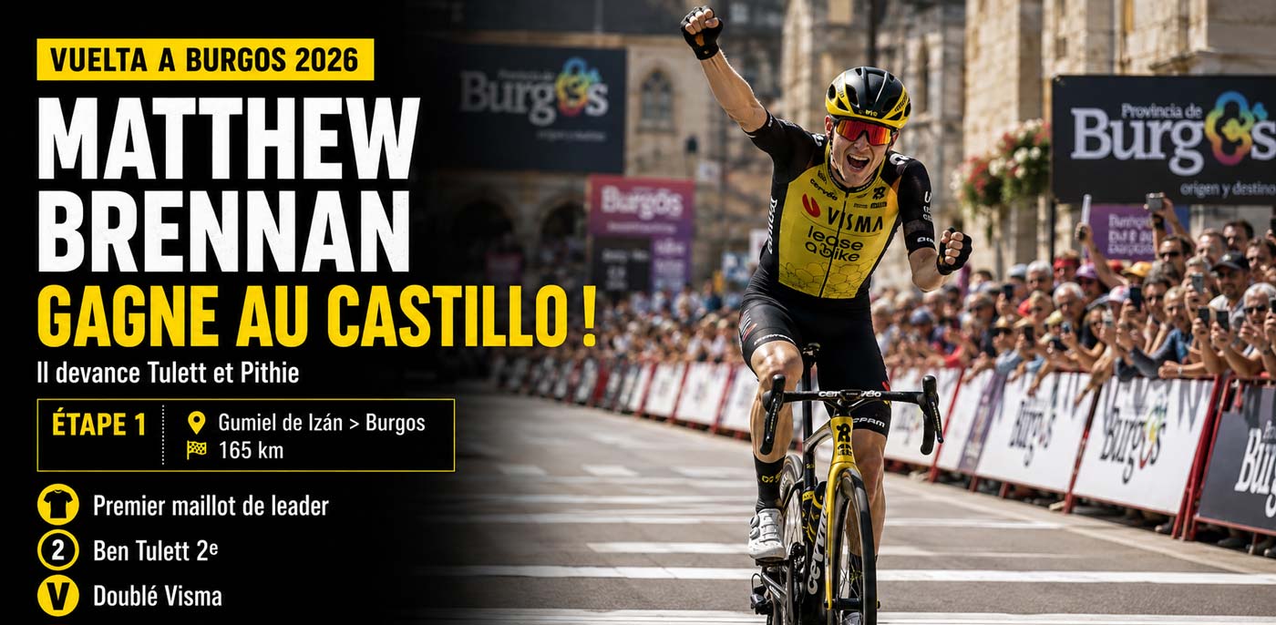 Matthew Brennan célèbre sa victoire lors de la première étape de la Vuelta a Burgos 2026.