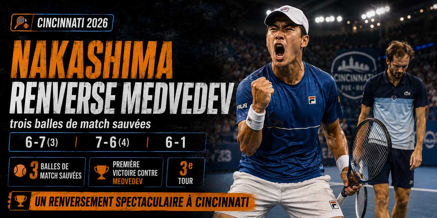 Brandon Nakashima célèbre sa victoire contre Daniil Medvedev au Masters 1000 de Cincinnati 2026