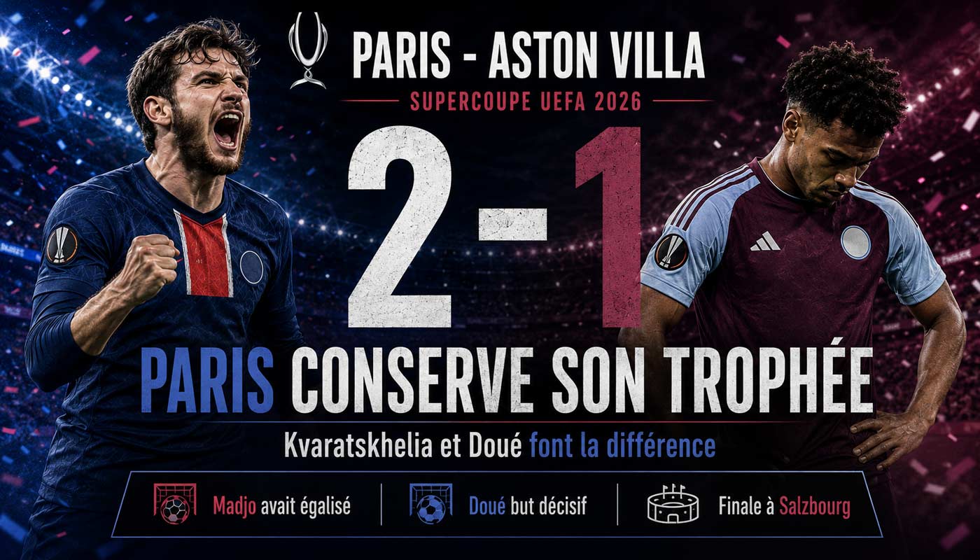 Paris célèbre sa victoire 2-1 contre Aston Villa lors de la Supercoupe UEFA 2026 à Salzbourg.