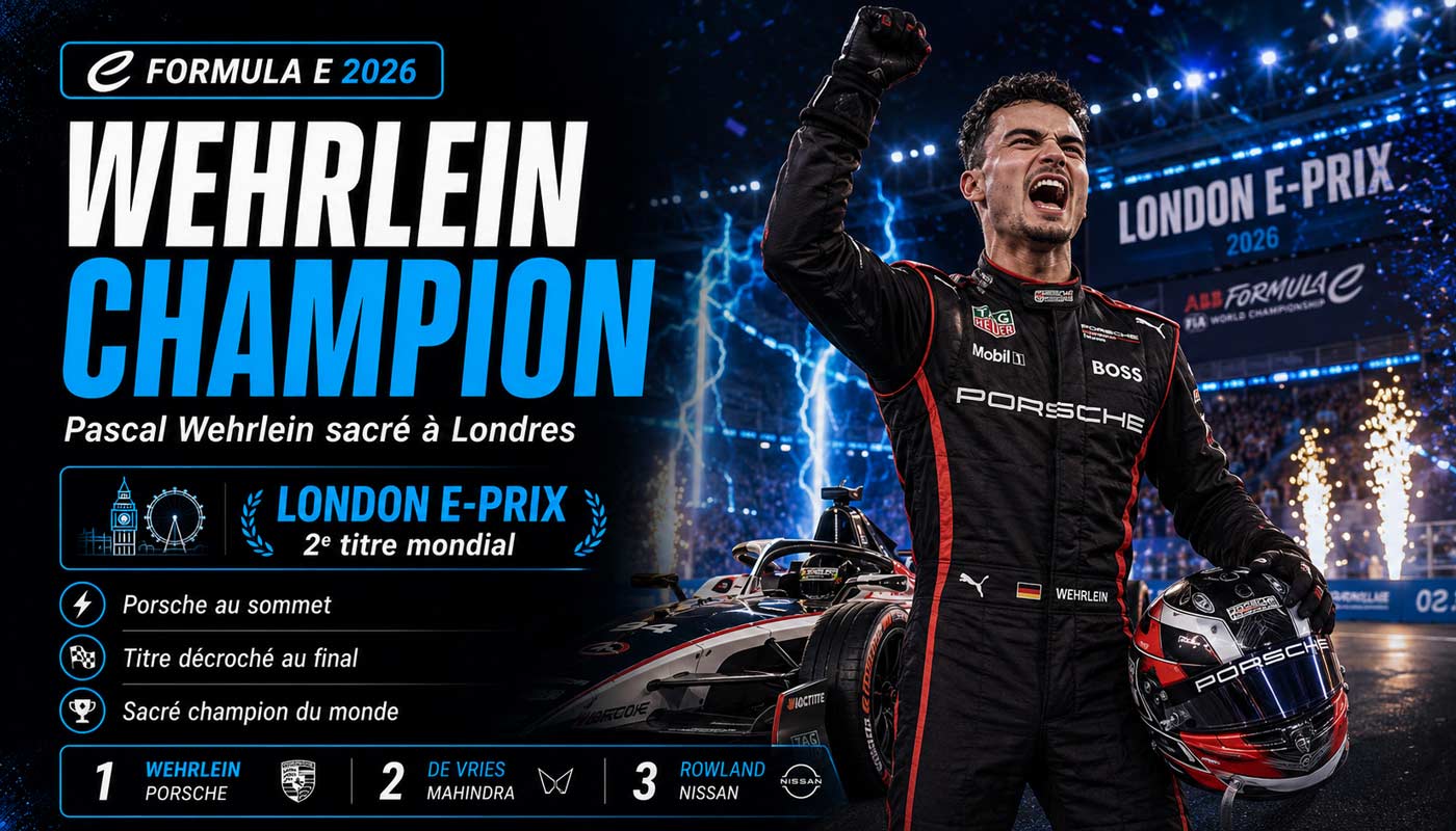 Pascal Wehrlein célèbre son deuxième titre mondial de Formula E après la finale de Londres 2026.