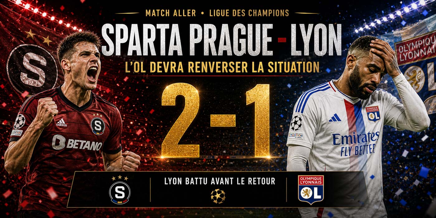 Un joueur du Sparta Prague célèbre la victoire 2-1 face à un joueur lyonnais déçu.