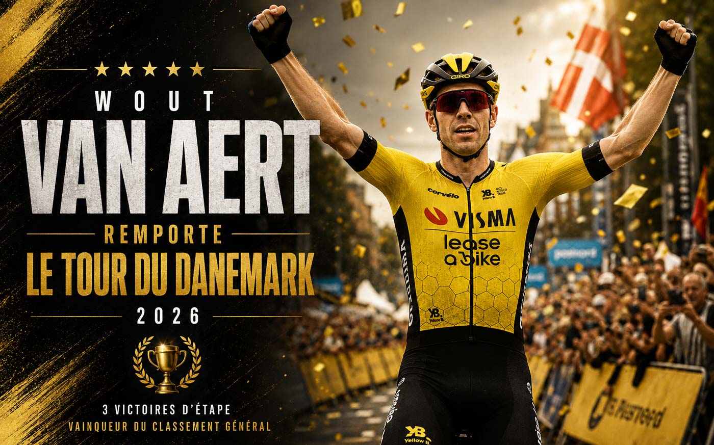 Wout van Aert célèbre sa victoire au Tour du Danemark 2026 après avoir remporté le classement général avec trois victoires d'étape.