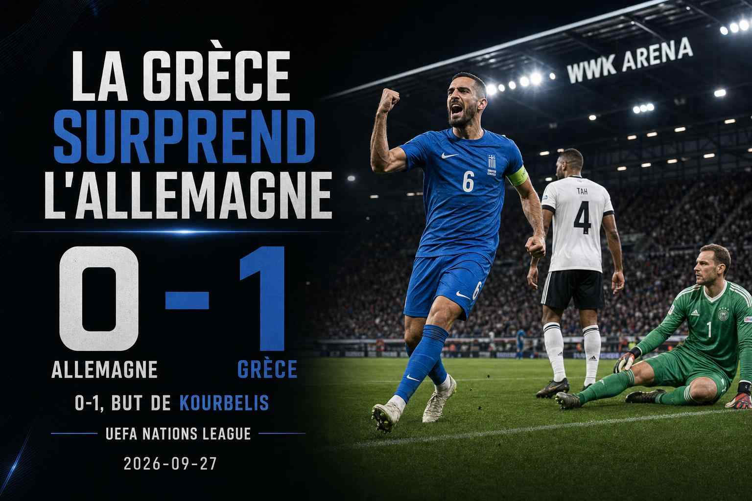 Un joueur grec célèbre lors de la victoire 0-1 contre l’Allemagne en UEFA Nations League à Augsbourg