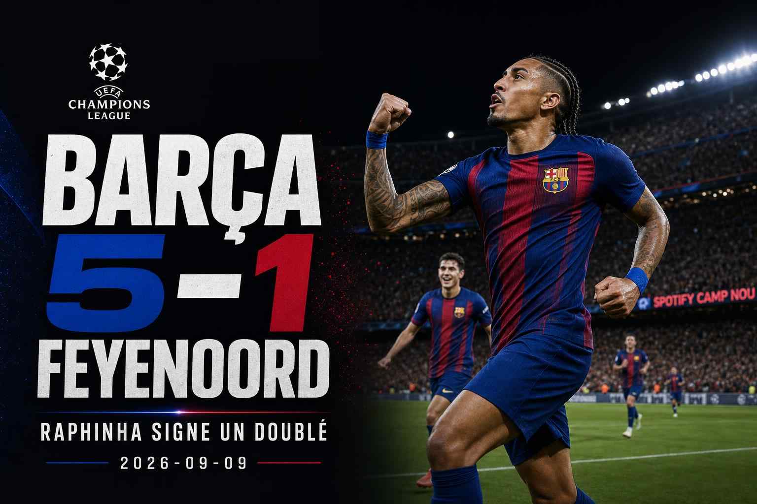 Raphinha célèbre lors de la victoire 5-1 du Barça contre Feyenoord en Ligue des champions