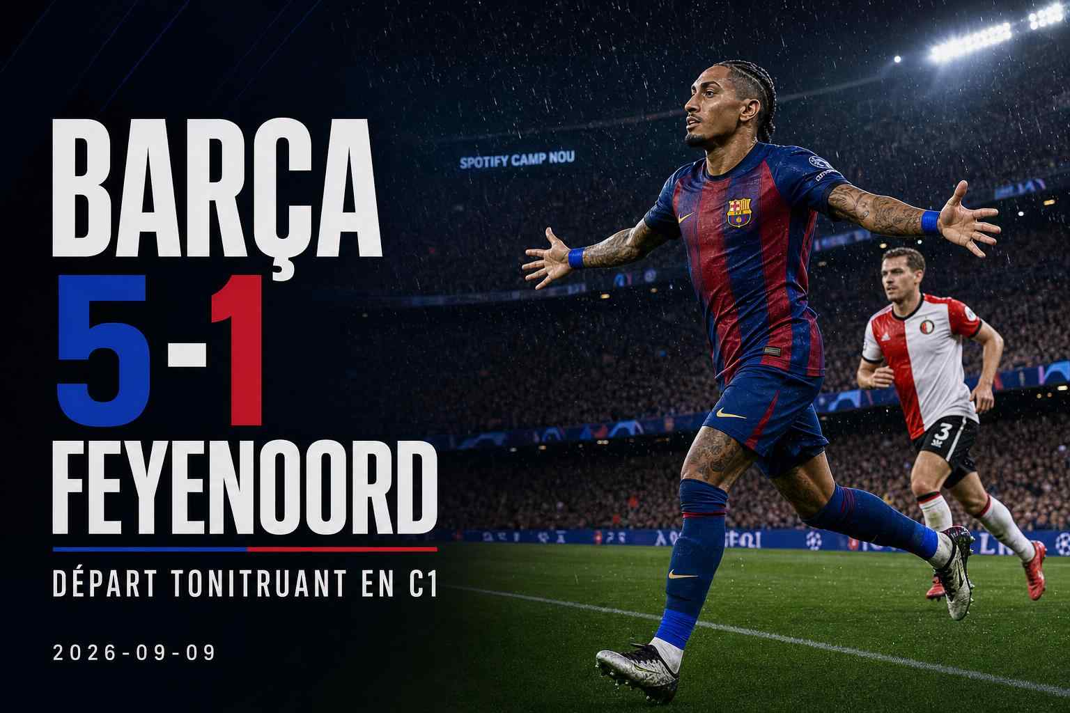 Raphinha célèbre lors de la victoire 5-1 du Barça contre Feyenoord en Ligue des champions