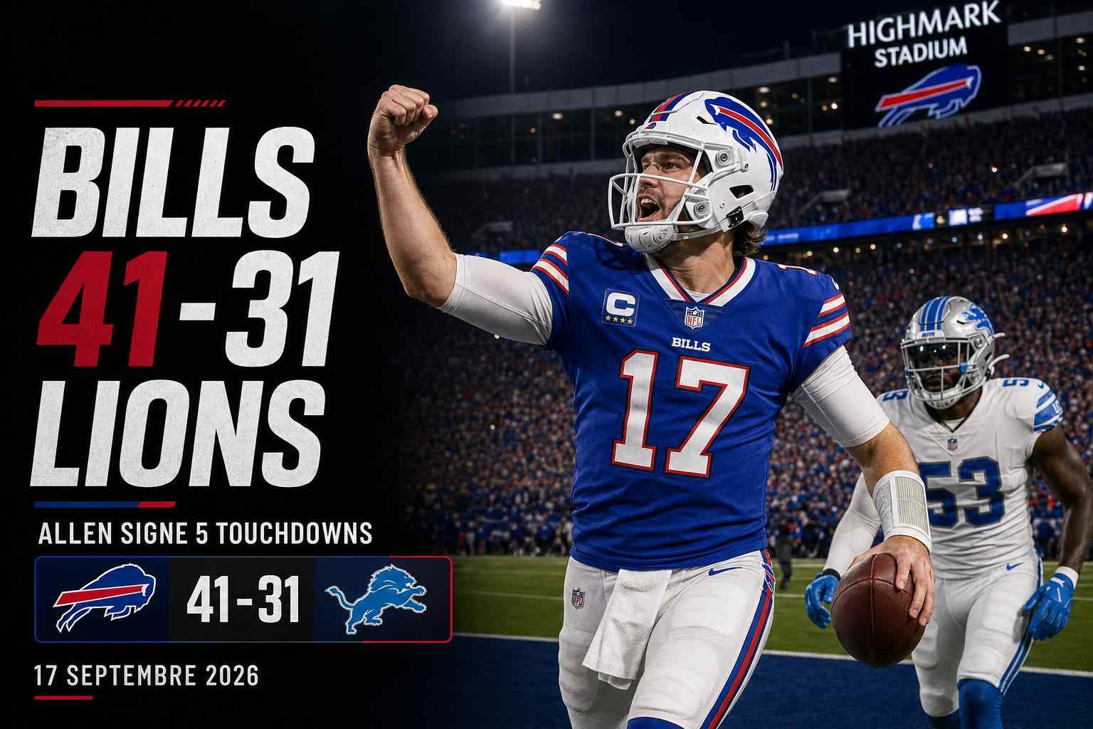 Josh Allen célèbre lors du succès 41-31 des Buffalo Bills contre les Detroit Lions en NFL