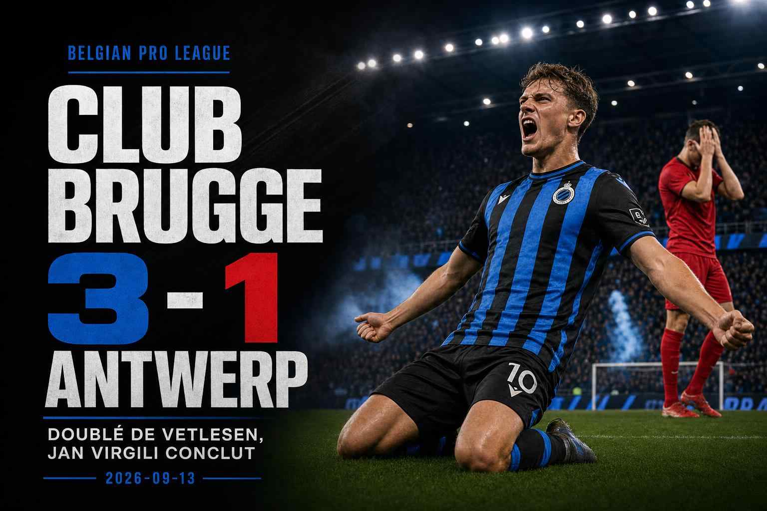Visuel du match Club Brugge - Antwerp 3-1 en Belgian Pro League avec ambiance de stade à Bruges