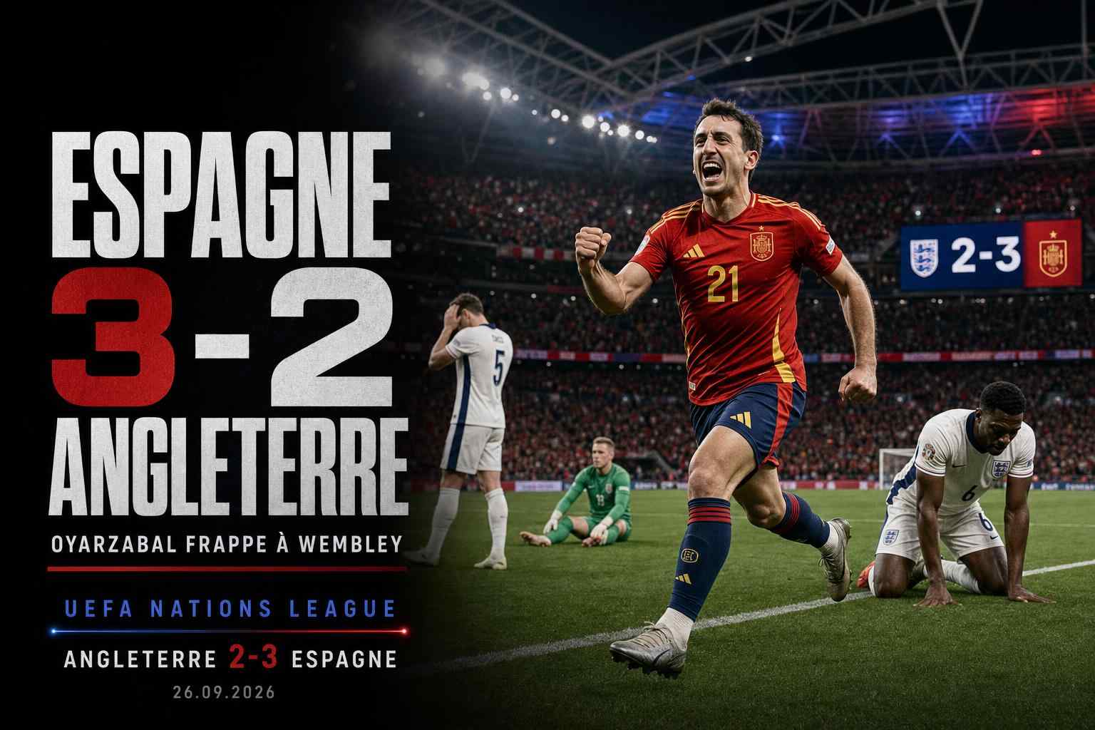 Visuel sport montrant l’Espagne battre l’Angleterre 3-2 à Wembley en Ligue des nations