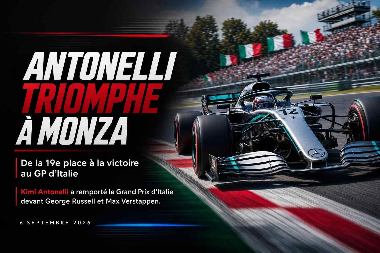 Kimi Antonelli au volant de sa Mercedes lors de sa victoire au Grand Prix d’Italie 2026 à Monza