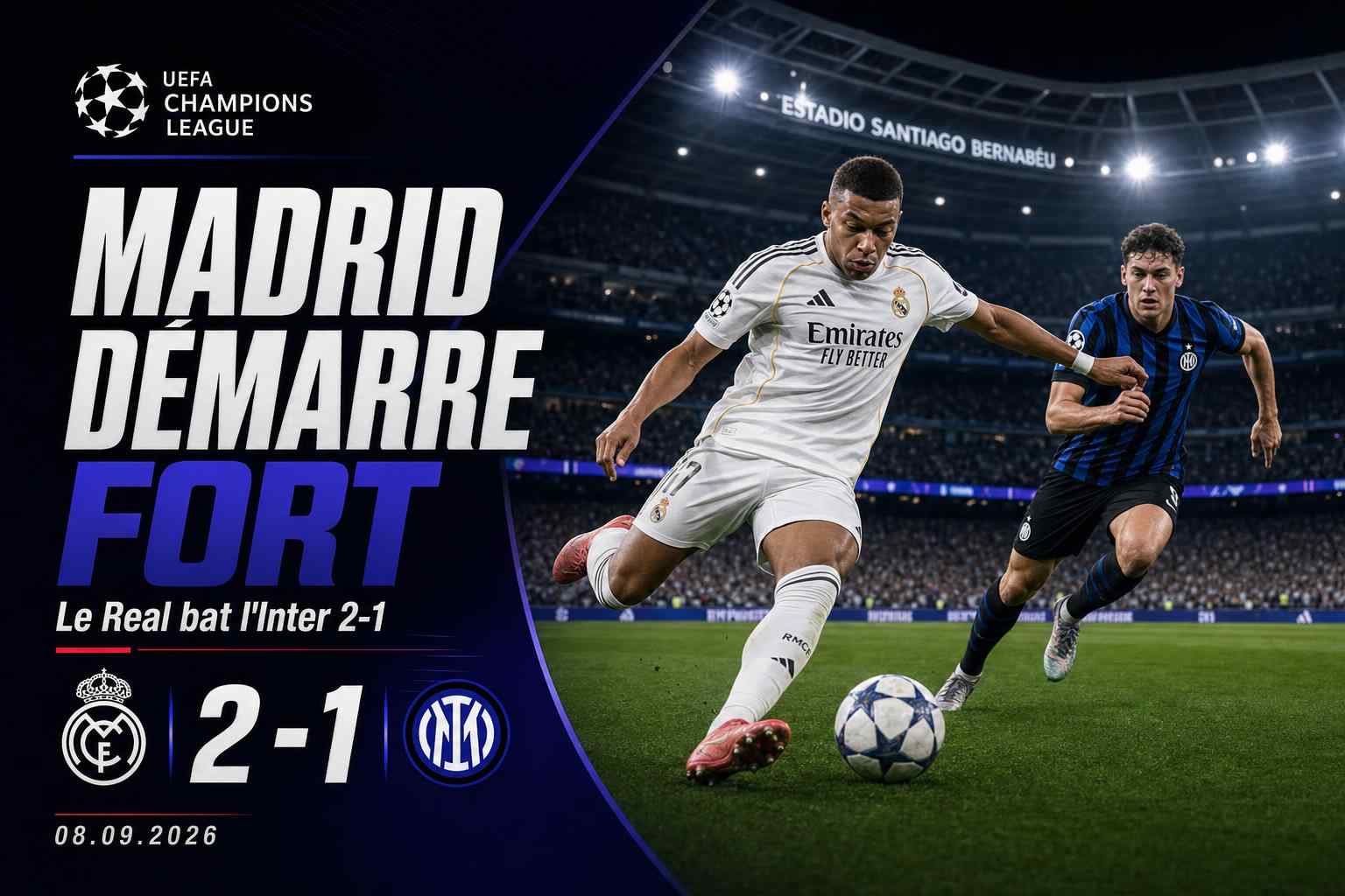 Graphique sport montrant Real Madrid battant l'Inter 2-1 en Ligue des champions au Santiago Bernabéu
