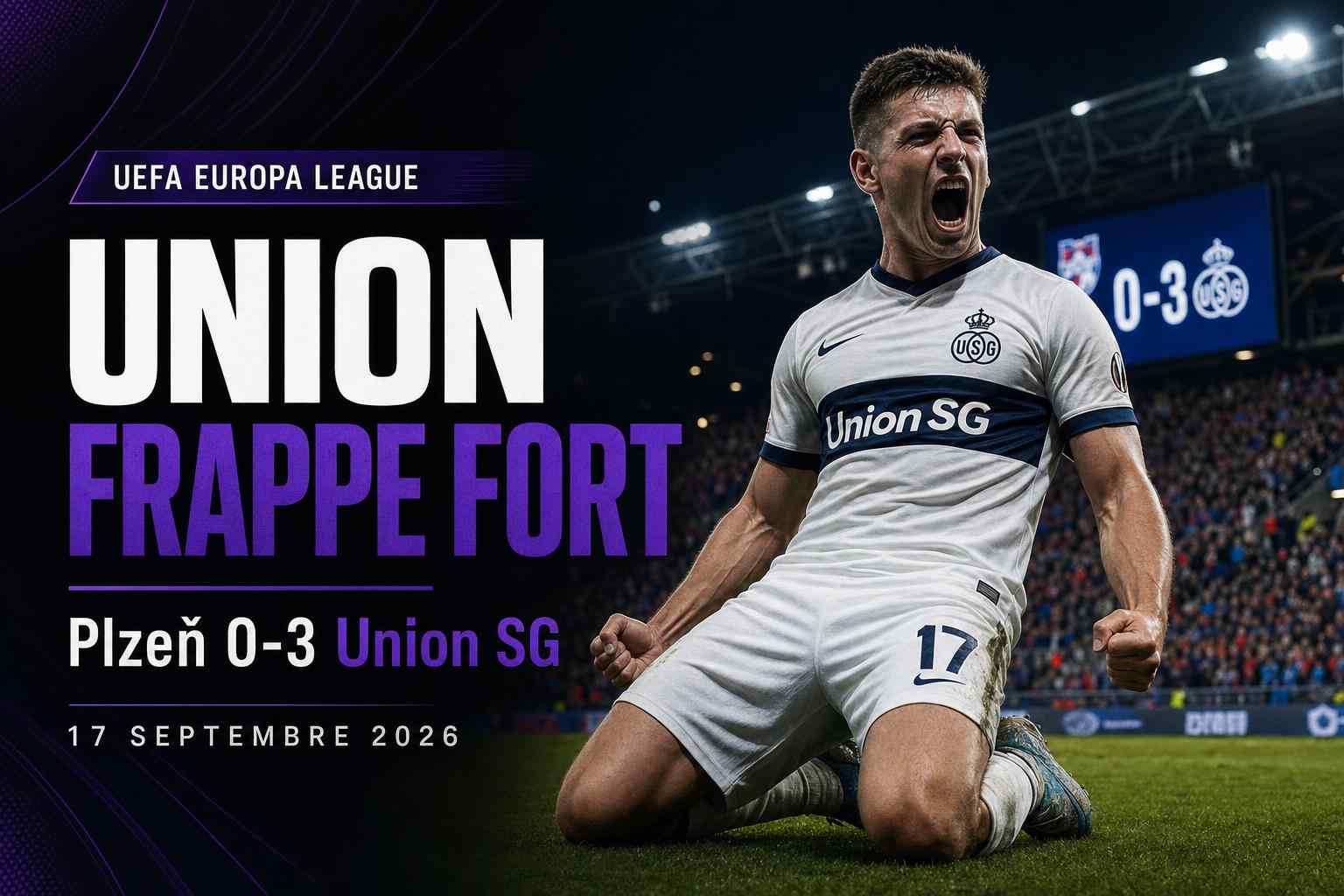 Un joueur de l'Union SG célèbre lors de la victoire 0-3 à Plzeň en Europa League