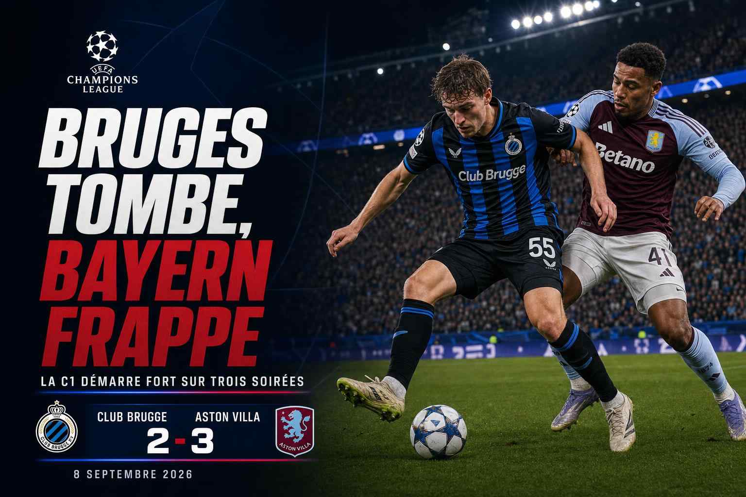 Visuel de la 1re journée de Ligue des champions avec un duel Club Bruges-Aston Villa et un angle résultats