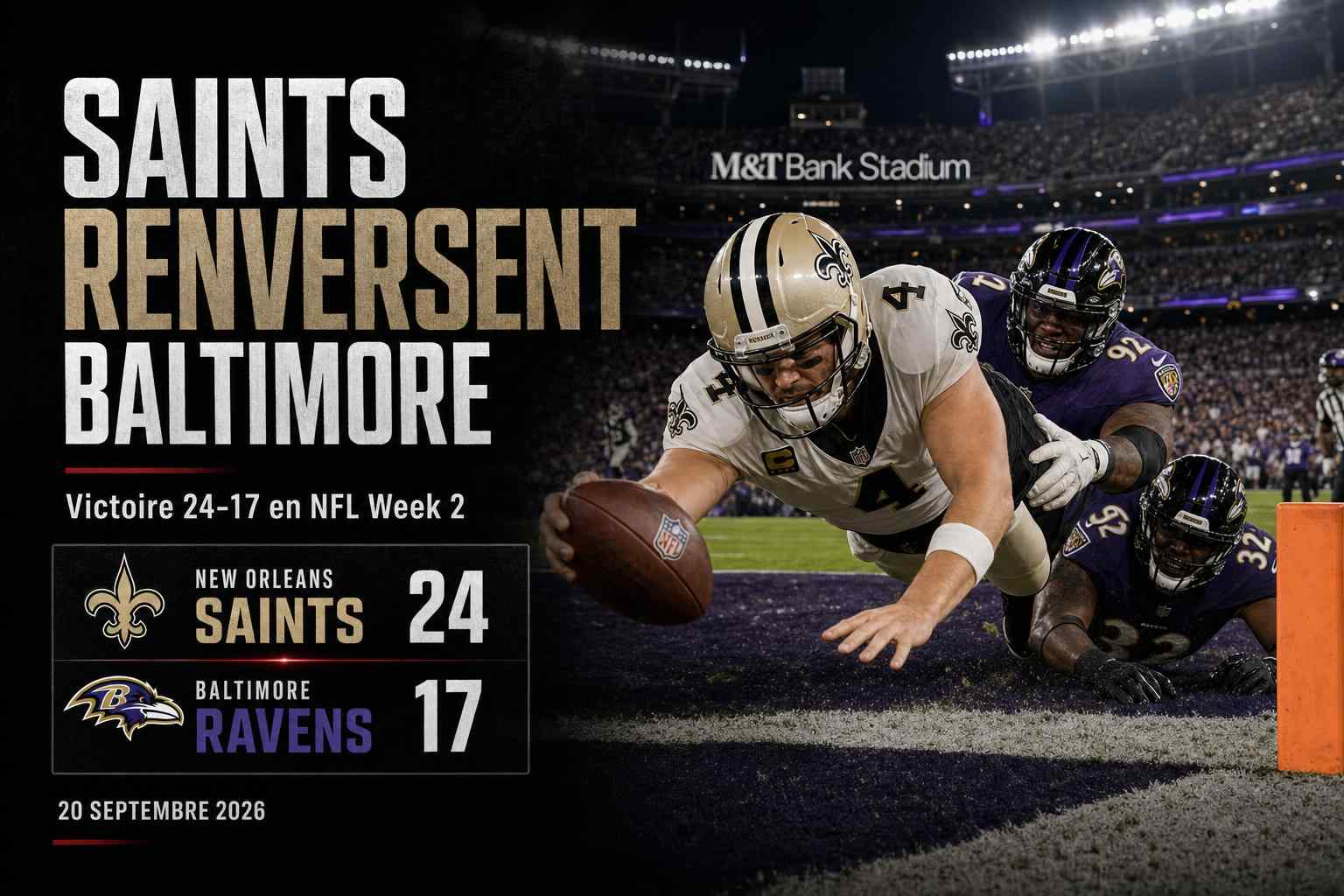 Tyler Shough mène les Saints vers une victoire 24-17 contre les Ravens en NFL Week 2