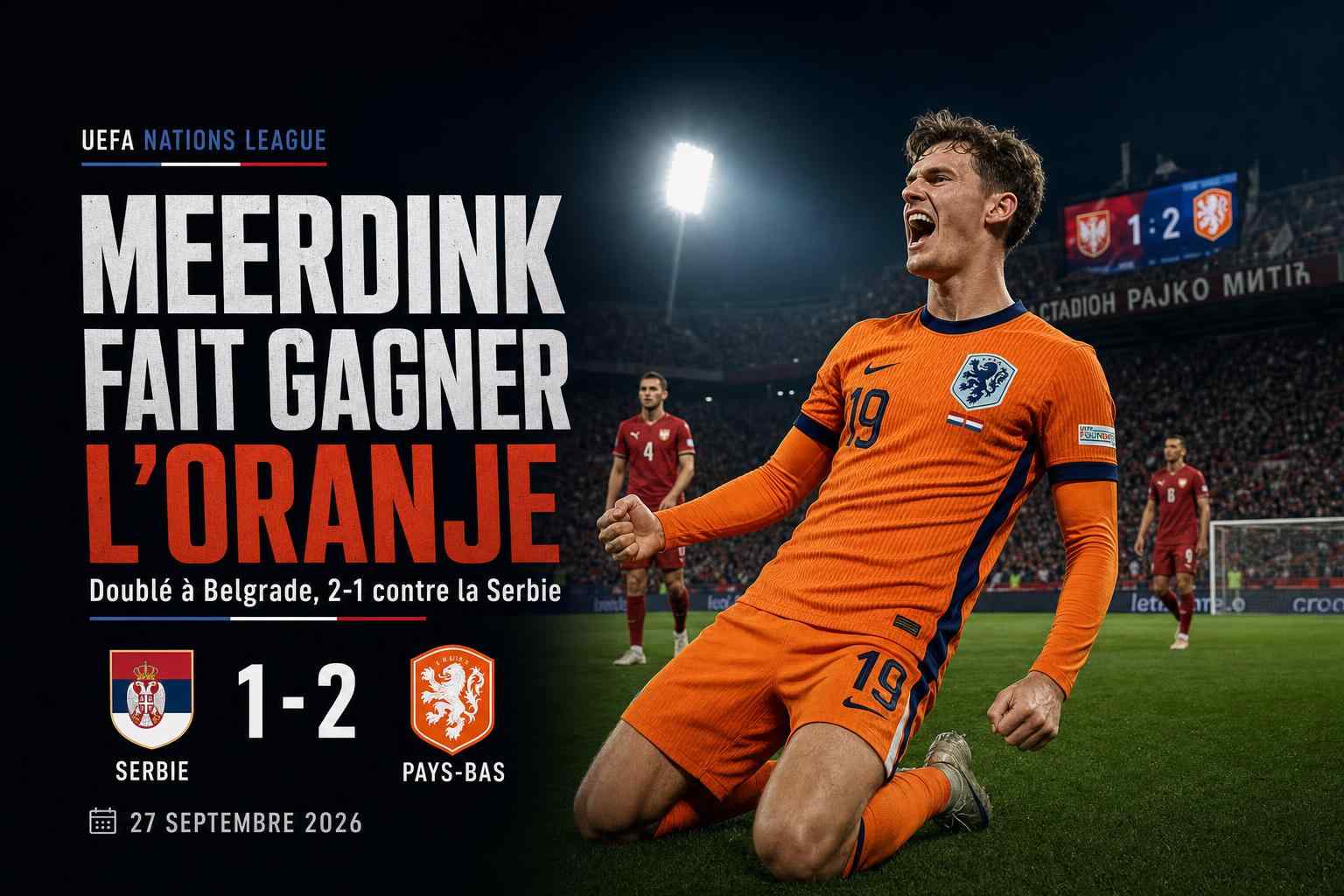 Mexx Meerdink célèbre lors de la victoire 2-1 des Pays-Bas contre la Serbie en Ligue des nations à Belgrade