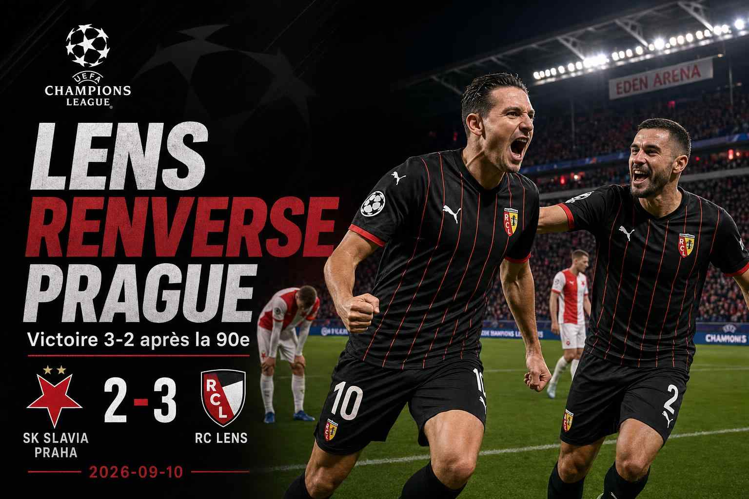 Florian Thauvin et Ruben Aguilar célèbrent la victoire 3-2 de Lens contre le Slavia Praha en Ligue des champions