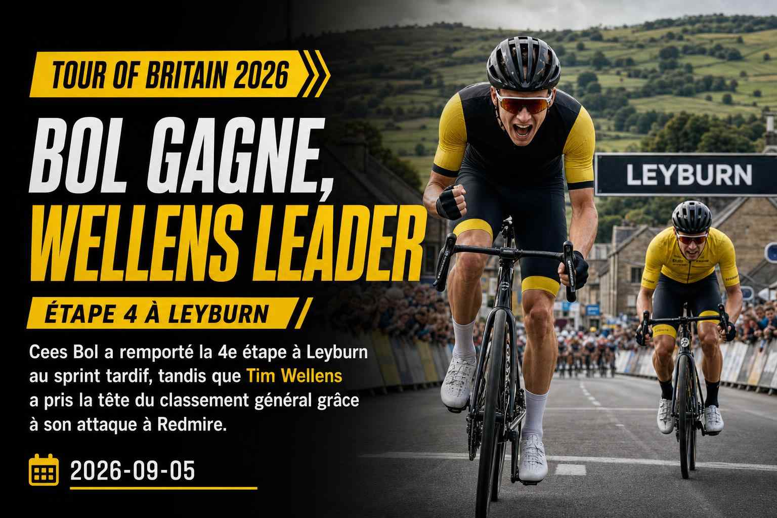 Cees Bol s'impose à Leyburn lors de la 4e étape du Tour of Britain 2026, tandis que Tim Wellens prend la tête du général.