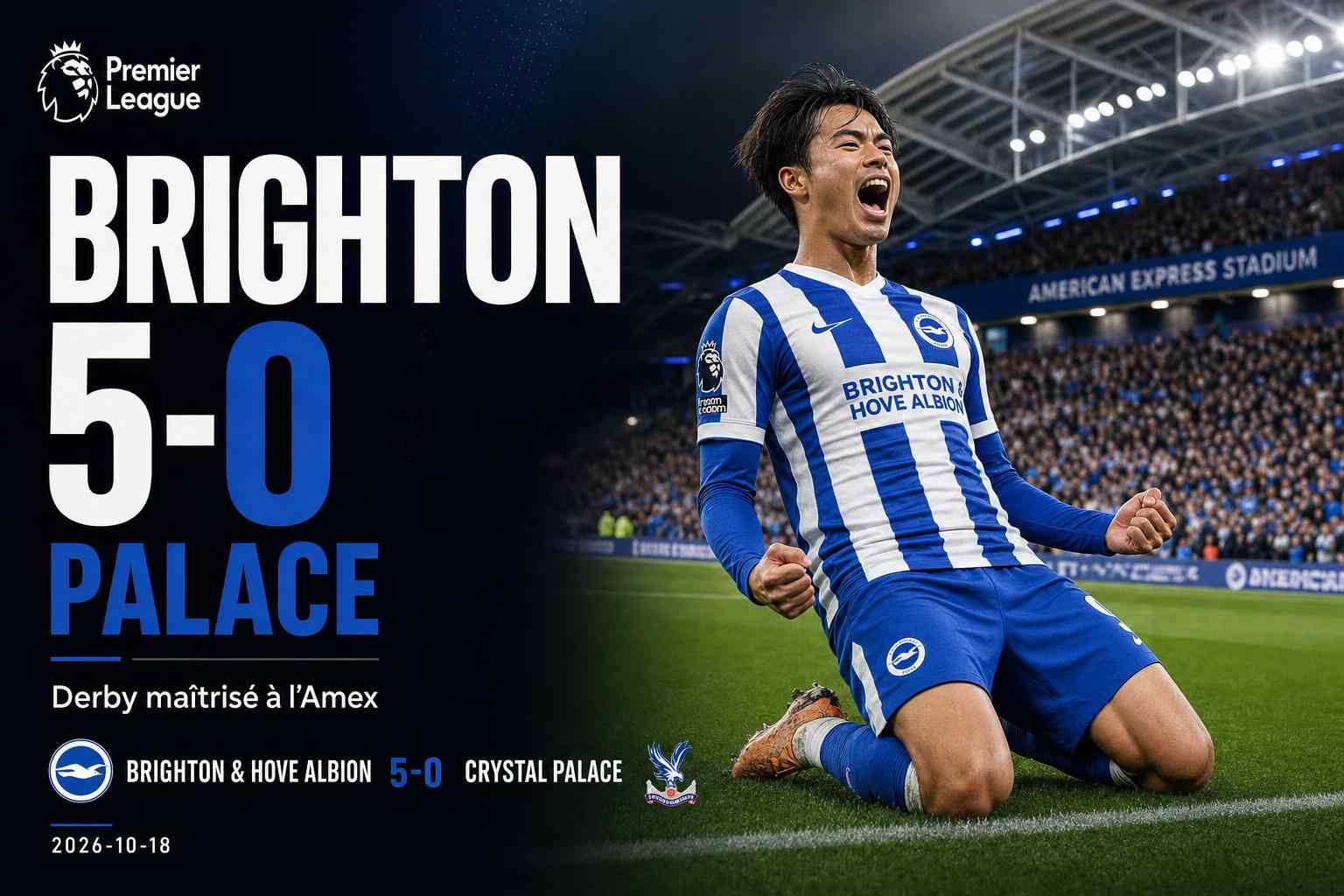 Visuel du match Brighton contre Crystal Palace remporté 5-0 par Brighton en Premier League