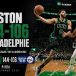 Joueur des Celtics en action face aux 76ers lors du succès 144-106 à Boston