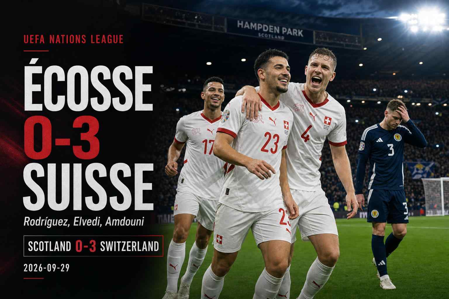 Les joueurs suisses célèbrent leur victoire 3-0 contre l’Écosse en Ligue des nations à Hampden