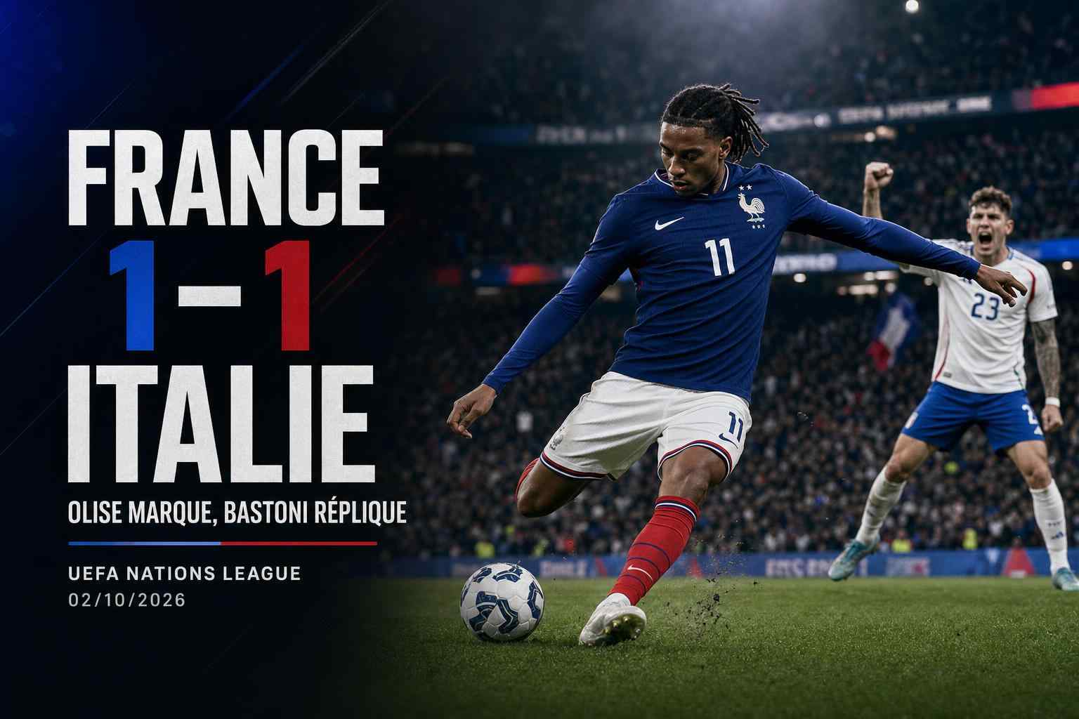 Michael Olise et Alessandro Bastoni lors du match France Italie 1-1 en Ligue des Nations au Stade de France