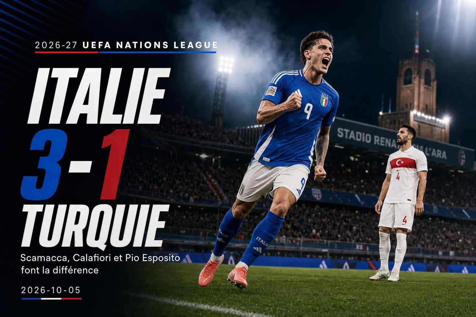 Visuel sport montrant l’Italie battre la Turquie 3-1 en Ligue des nations à Bologne