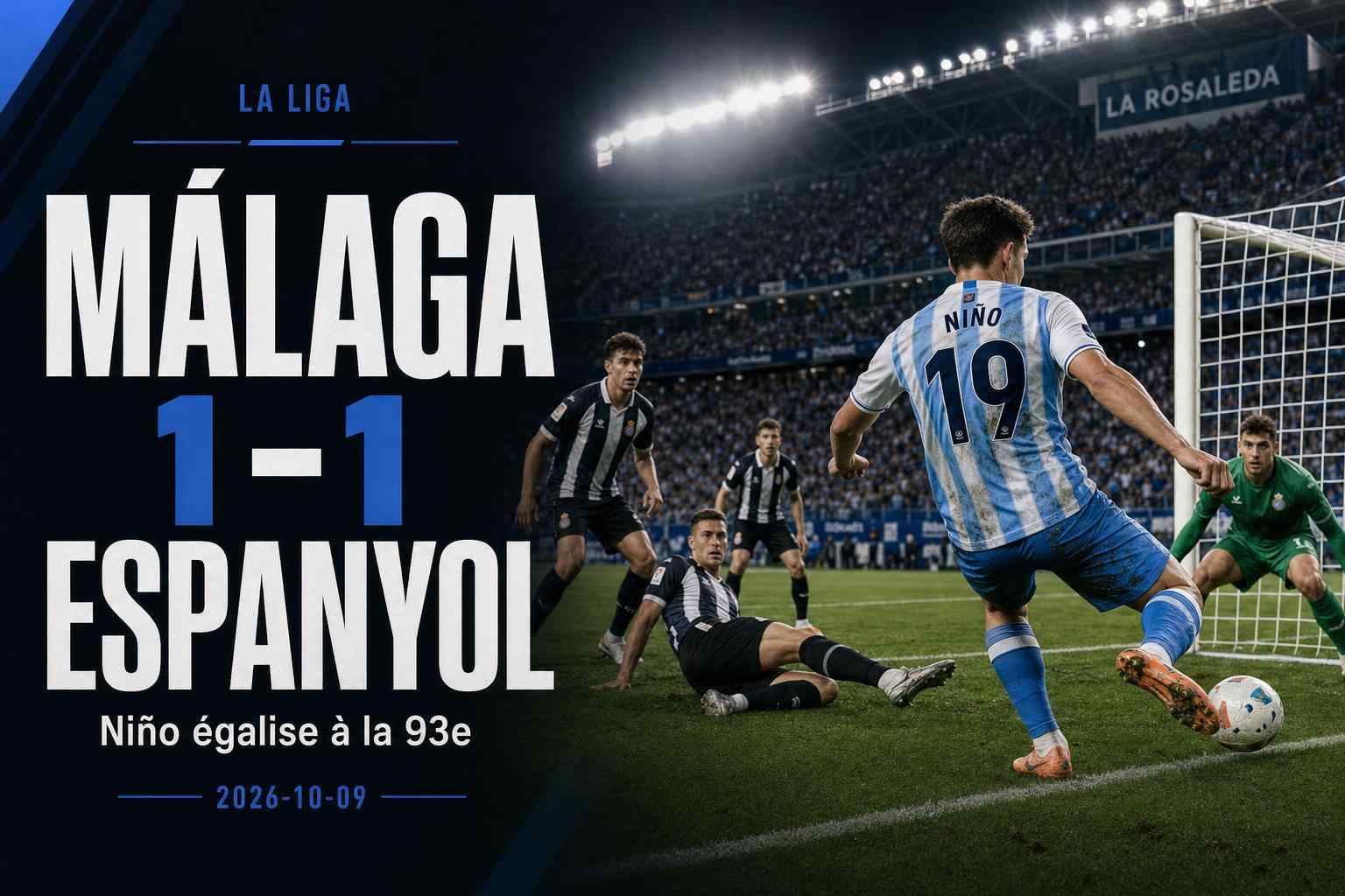 Visuel du match Málaga contre Espanyol terminé sur le score de 1-1 avec une égalisation tardive d’Adrián Niño