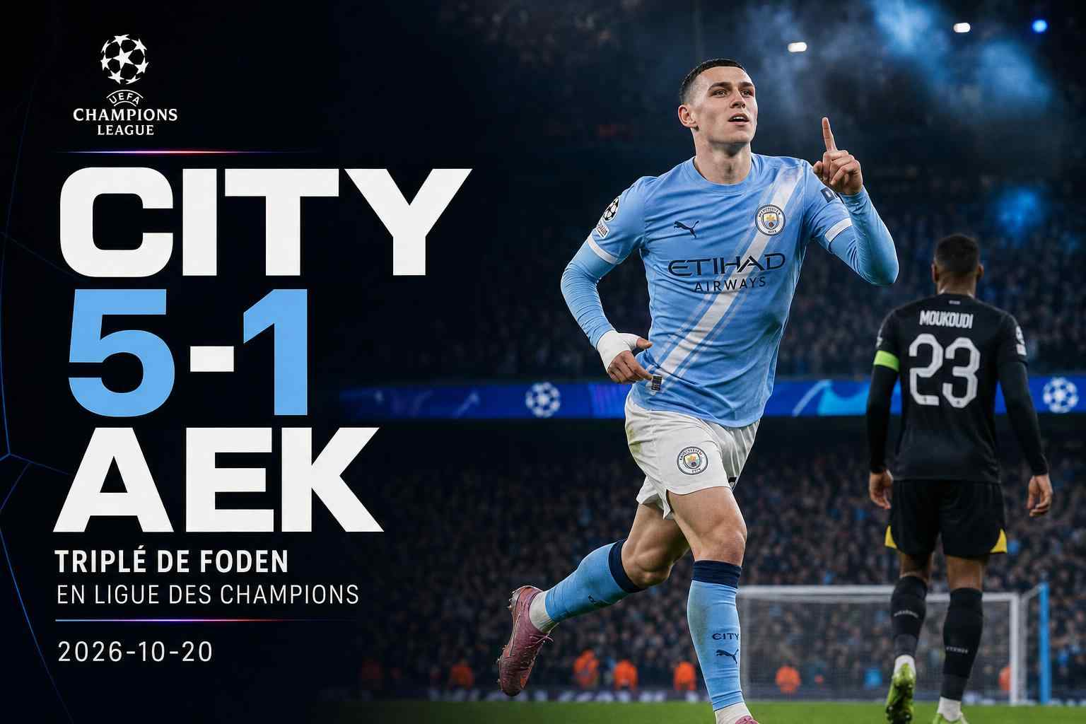 Phil Foden célèbre lors de la victoire 5-1 de Manchester City contre l’AEK Athènes en Ligue des champions