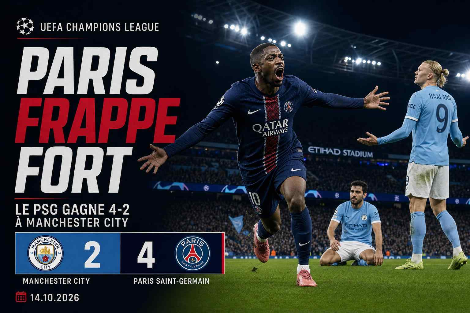 Visuel du match Manchester City - PSG remporté 2-4 par Paris en Ligue des champions