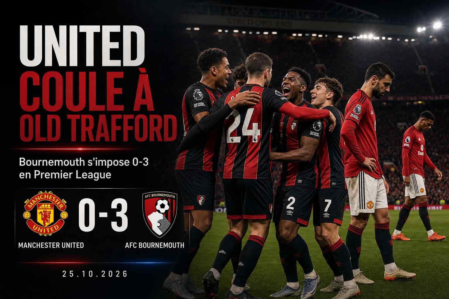 Les joueurs de Bournemouth célèbrent leur victoire 0-3 à Manchester United à Old Trafford