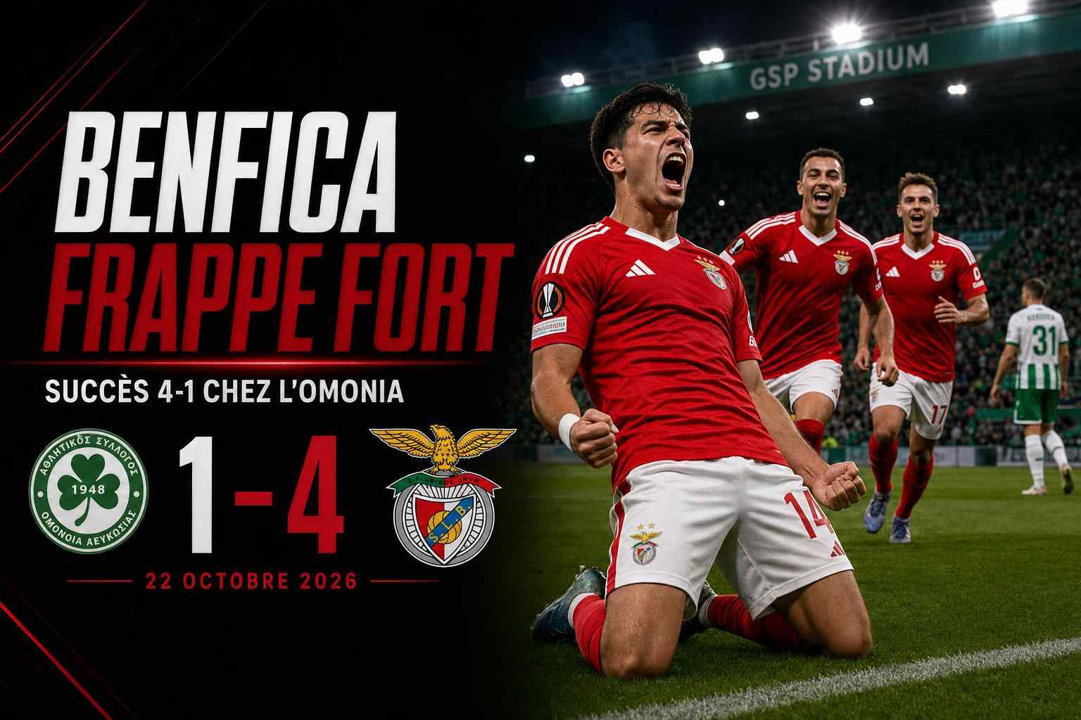 Visuel sport montrant Benfica victorieux 4-1 sur le terrain de l’Omonia Nicosie en Ligue Europa