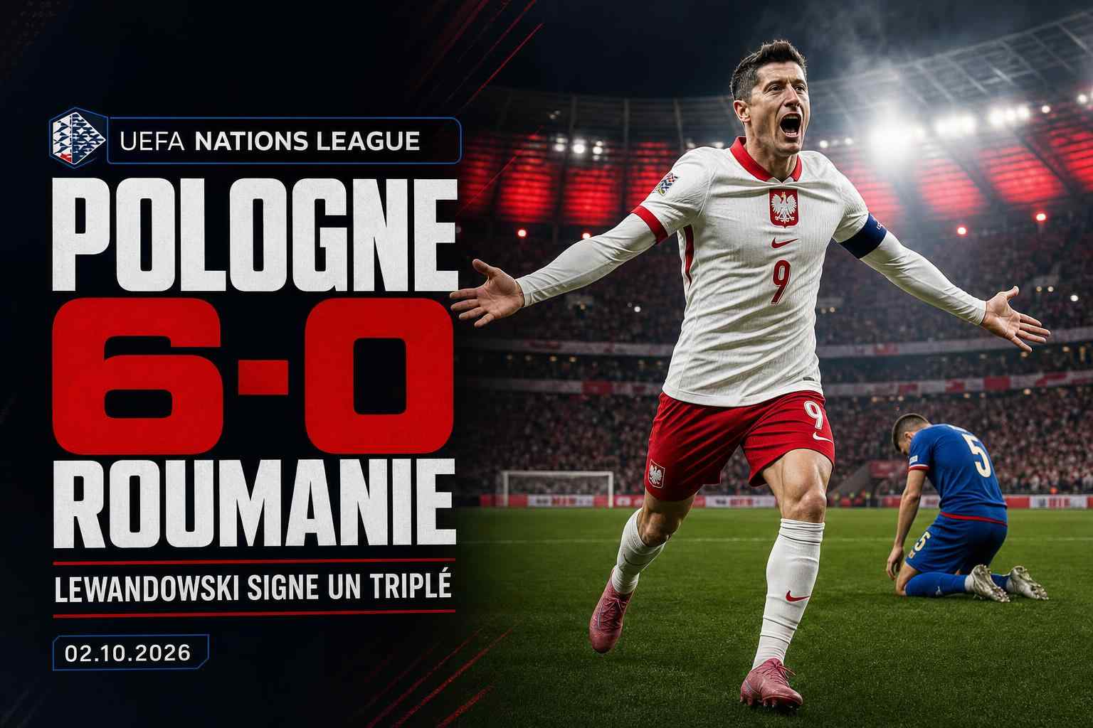 Visuel du match Pologne Roumanie remporté 6-0 par la Pologne avec triplé de Robert Lewandowski