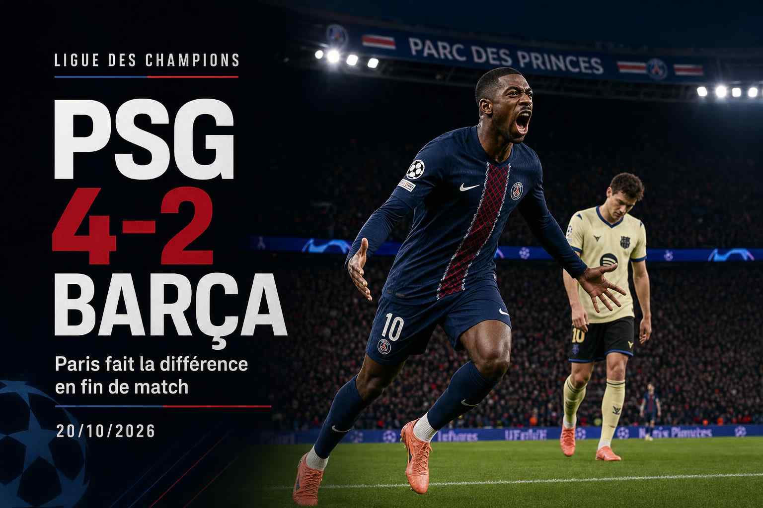 Graphique sportif du PSG victorieux 4-2 contre le FC Barcelone au Parc des Princes