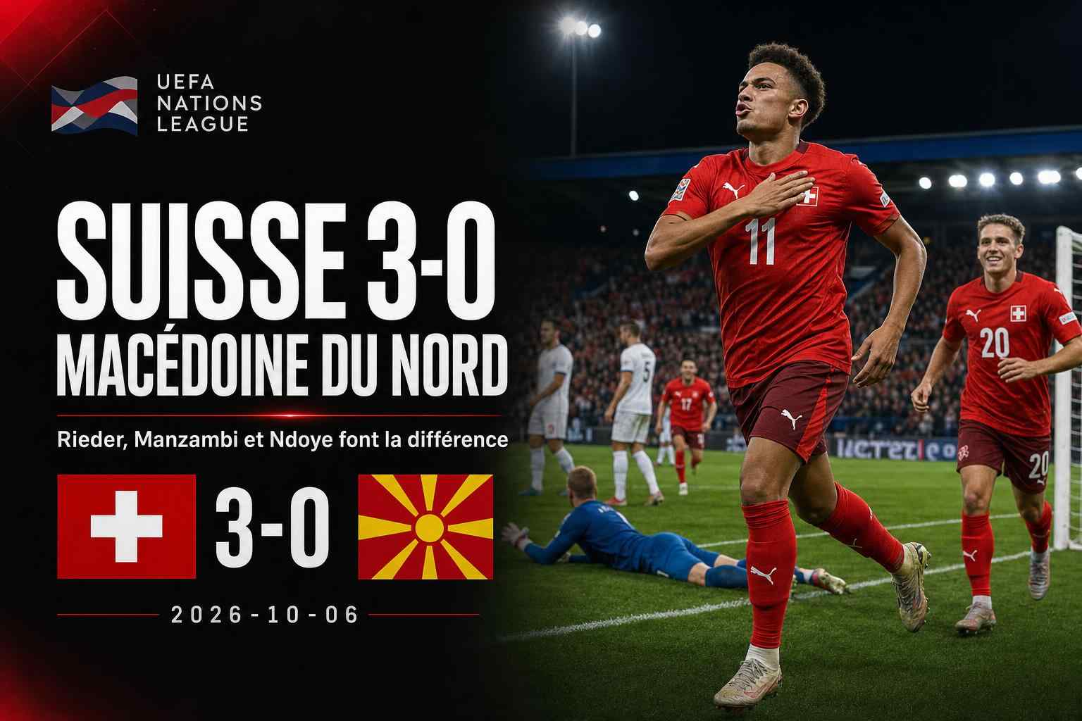 Visuel sport annonçant la victoire 3-0 de la Suisse contre la Macédoine du Nord en Ligue des nations