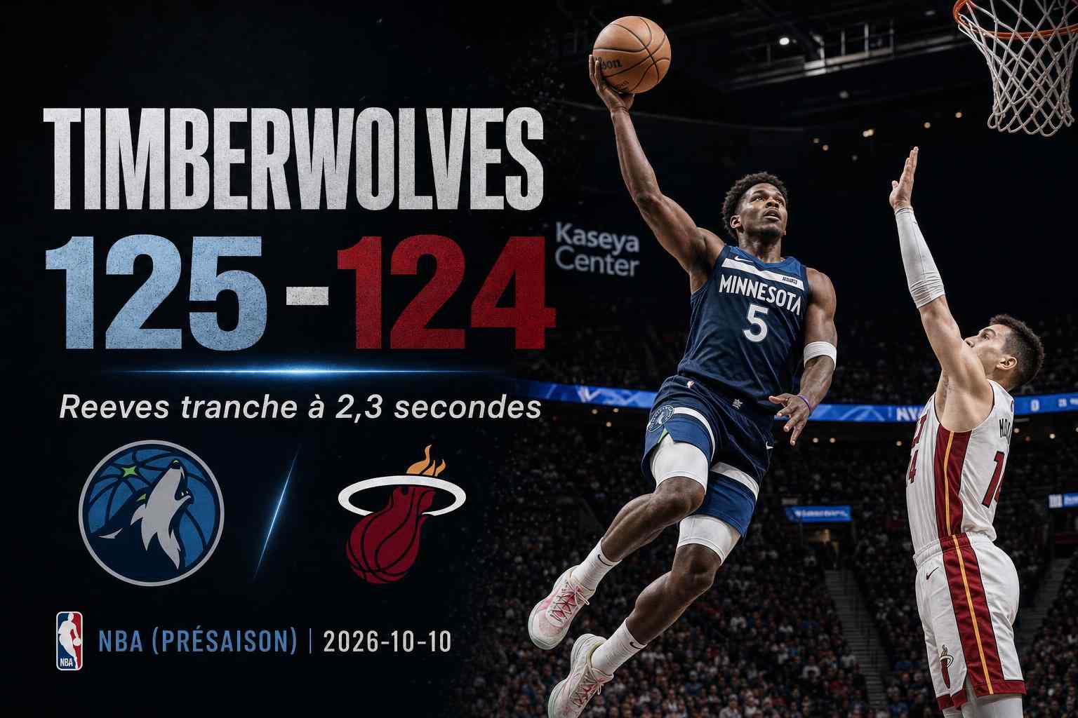 Visuel sports news du succès 125-124 des Timberwolves contre le Heat en présaison NBA