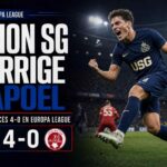 Les joueurs de l'Union Saint-Gilloise célèbrent leur victoire 4-0 contre Hapoel Be'er Sheva en Europa League à Düsseldorf