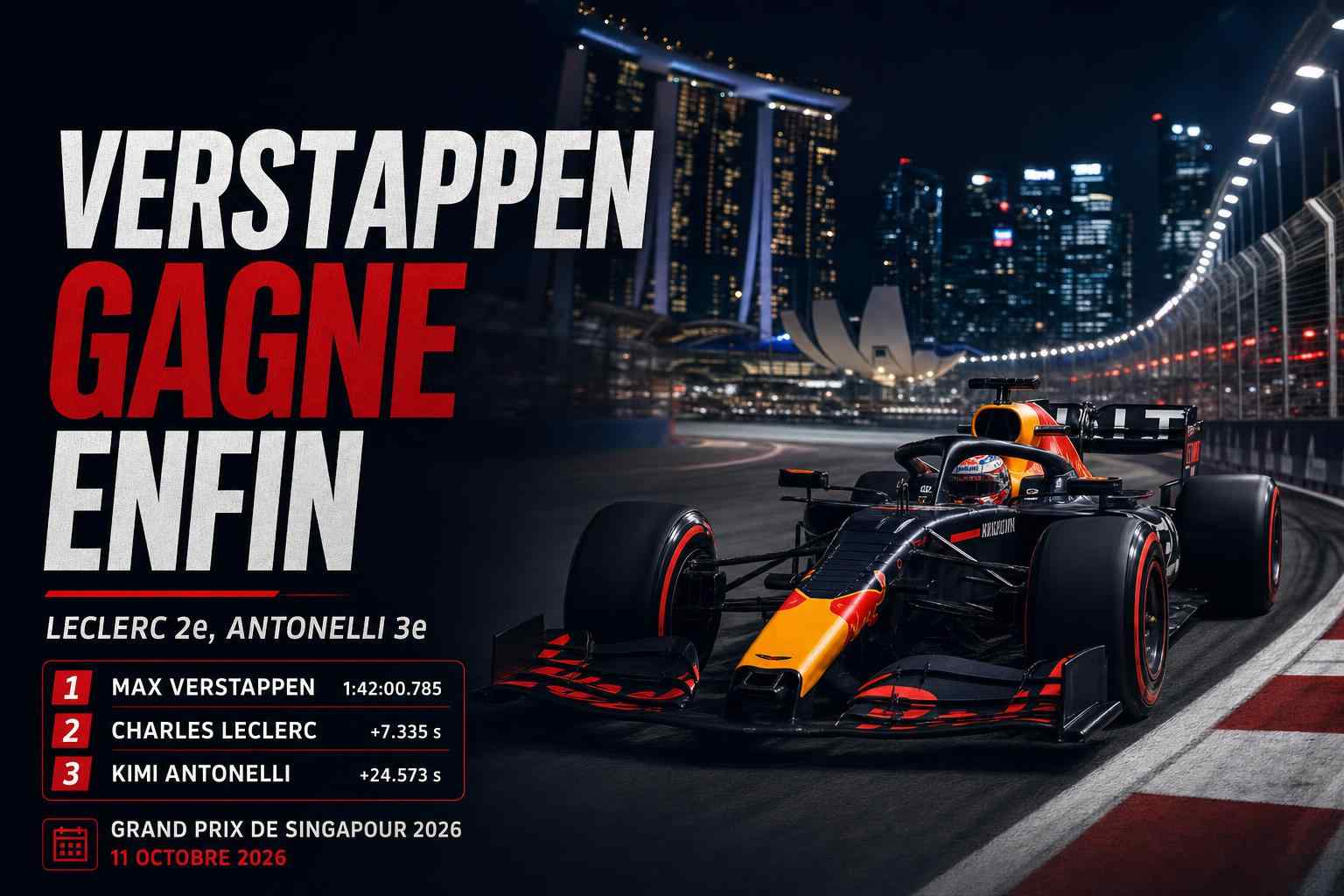 Max Verstappen remporte le Grand Prix de Singapour 2026 devant Charles Leclerc et Kimi Antonelli